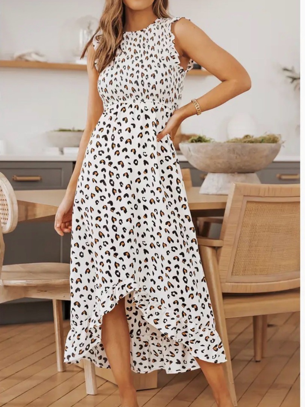 White Leopard Print Smocked Maxi Dress